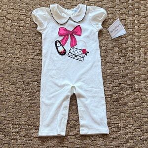Hartstrings Baby White Romper with Pink Bow Purse and Shoe Accents